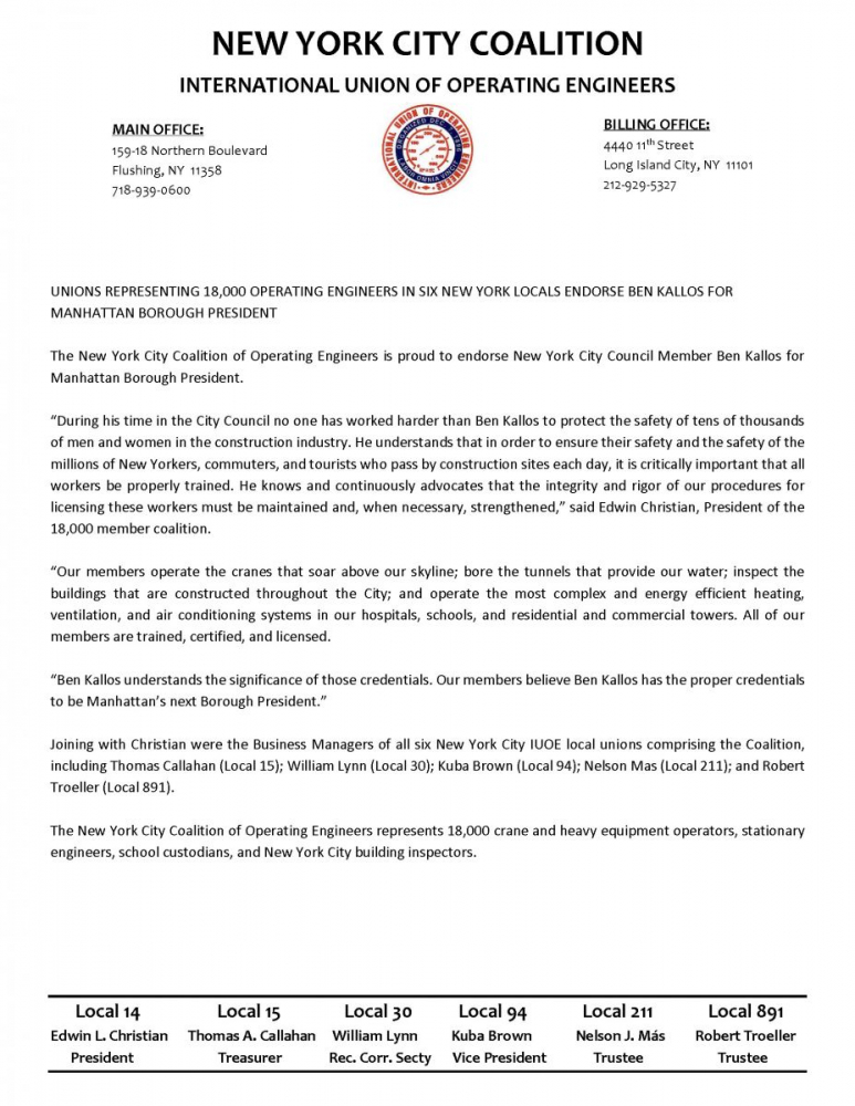 IUOE NYC Coalition Endorsement Kallos